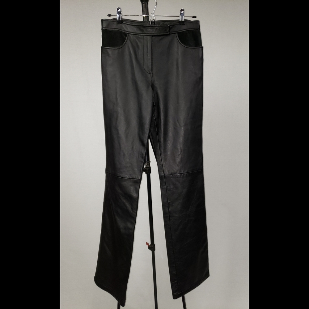 DKNY Black Lambskin Leather Suede Front Pants Size 8 Y2K Moto